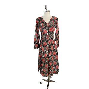 Vtg Extra Femme Collection Sz 5 Dress Black Floral Modest Boho button front MIDI